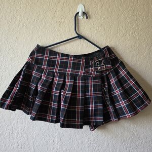 Lip Service Black Red Plaid Pleated Mini Skirt Punk Goth Buckle Detail S